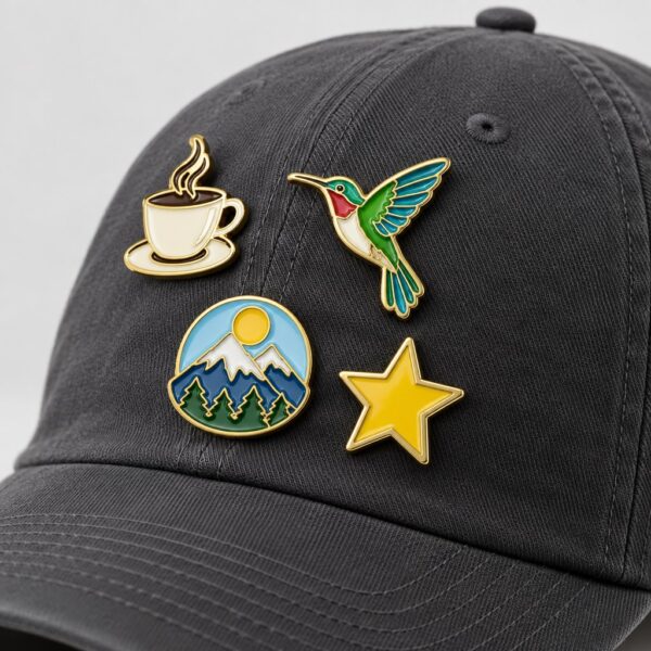 Pines metalicos en esmalte suave puestos en una gorra